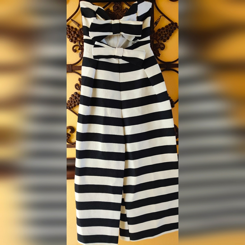 New Asos Sz 4 Bow In Structured Fabric Jumpsuit Black White Stripe Strapless NWT